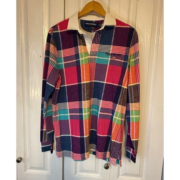 Polo Sport Ralph Lauren Mens Pink Madras Long Sleeve Rugby Shirt Size Medium - Picture 2 of 7